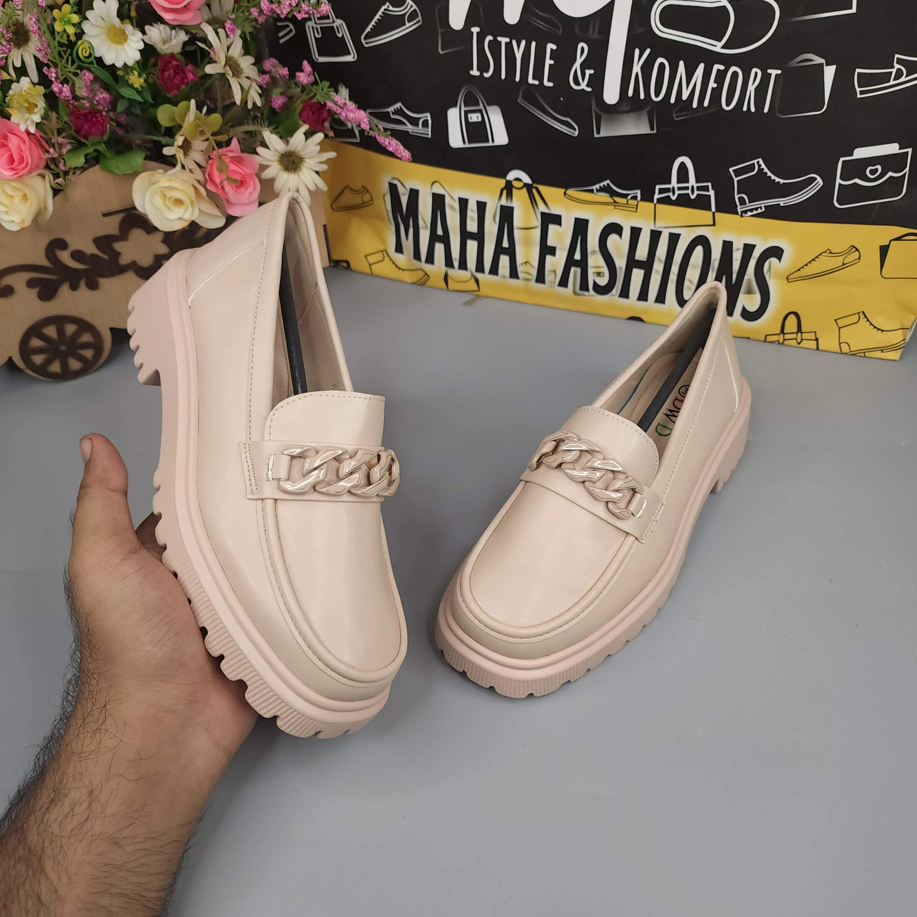 Beige Platform Loafers for Women