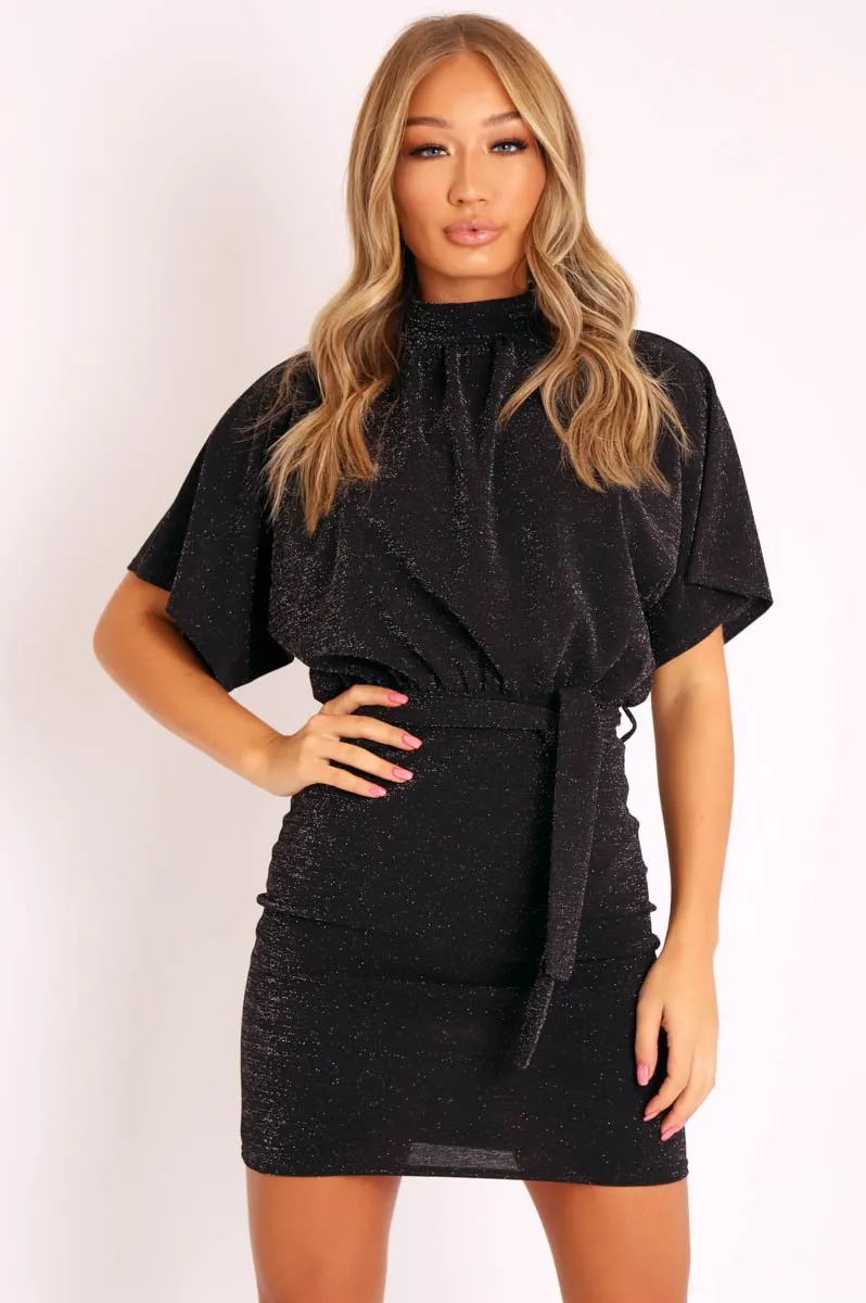 Black Glitter Batwing Sleeve Belted Dress - Florene