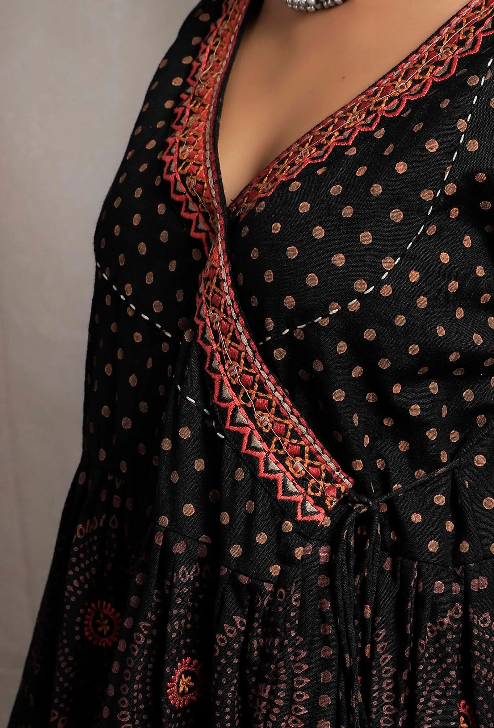 Black Hand Block Printed Angrakha Embellished Kedia Kurti