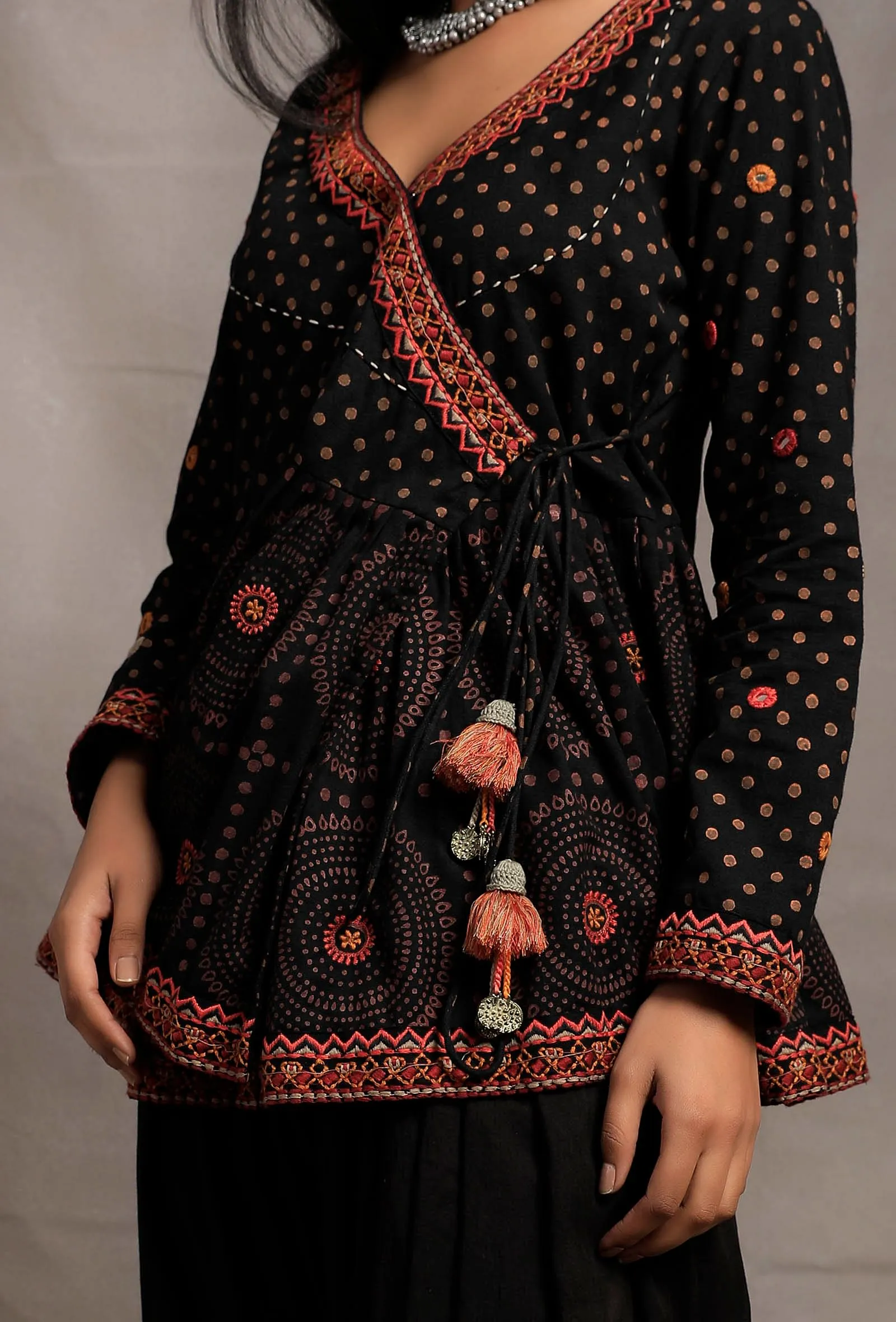 Black Hand Block Printed Angrakha Embellished Kedia Kurti