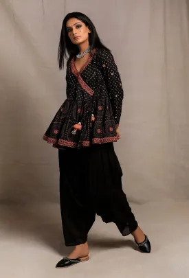 Black Hand Block Printed Angrakha Embellished Kedia Kurti