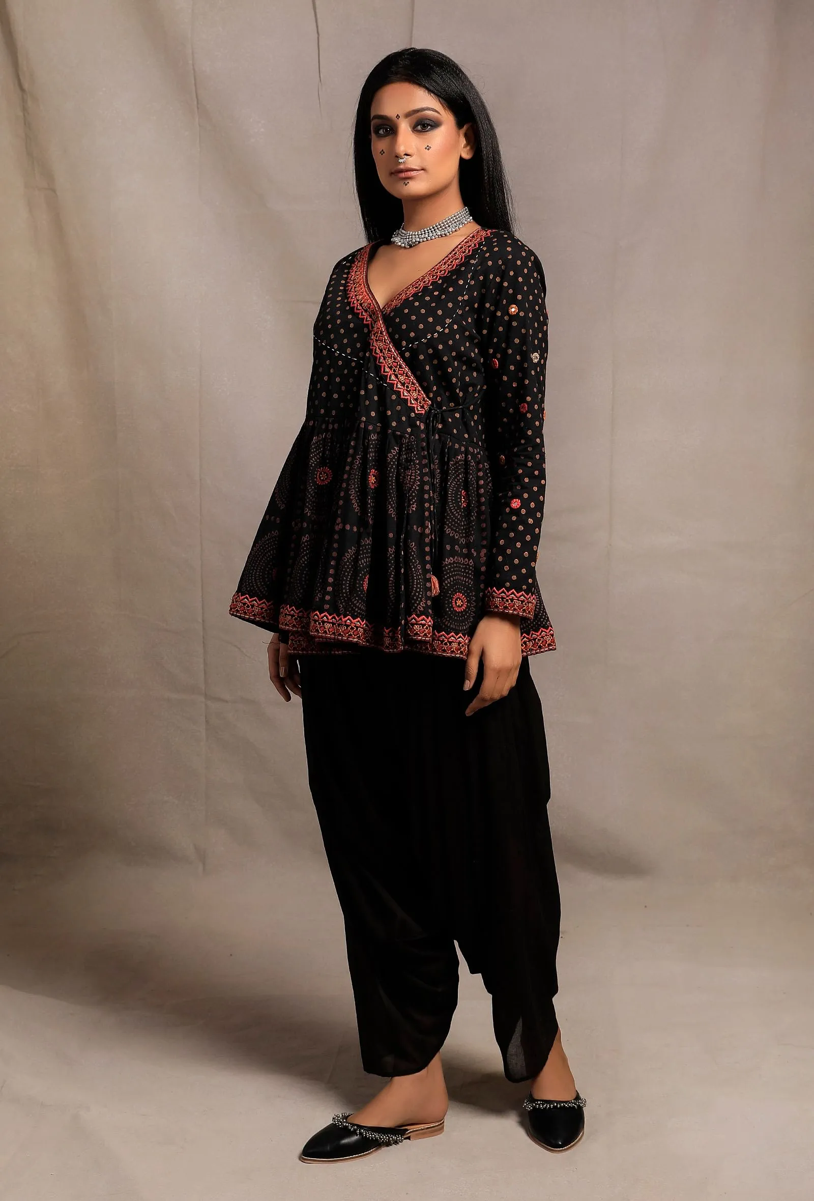 Black Hand Block Printed Angrakha Embellished Kedia Kurti