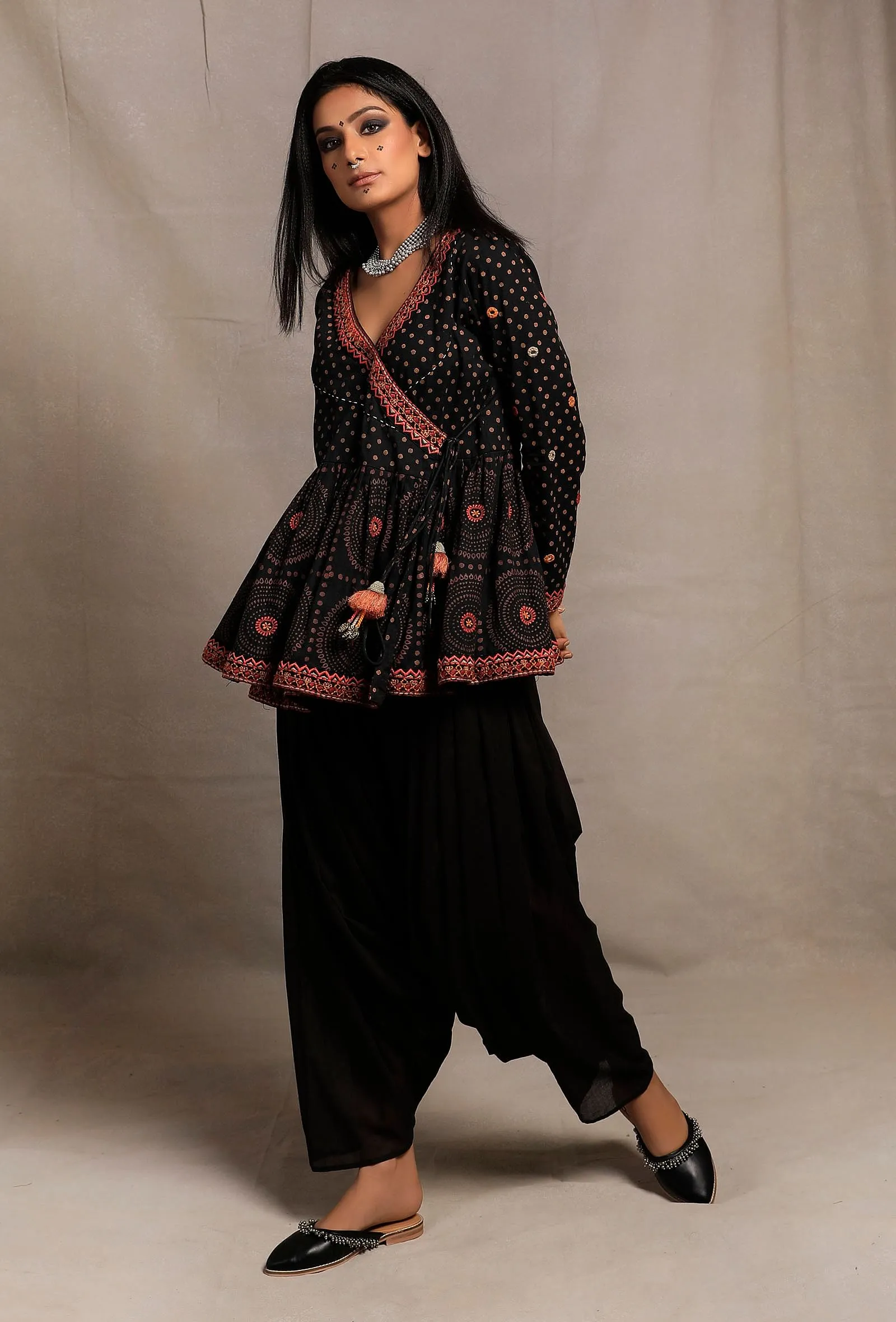 Black Hand Block Printed Angrakha Embellished Kedia Kurti