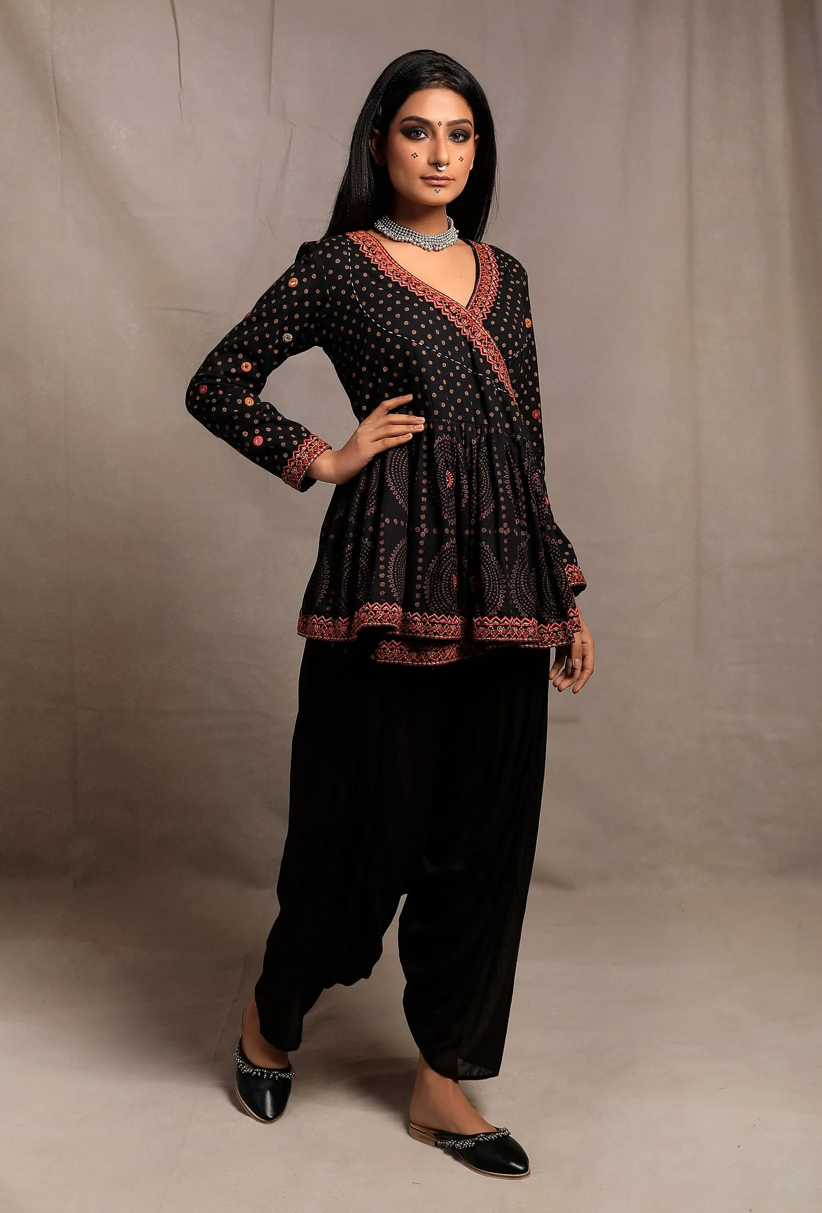 Black Hand Block Printed Angrakha Embellished Kedia Kurti