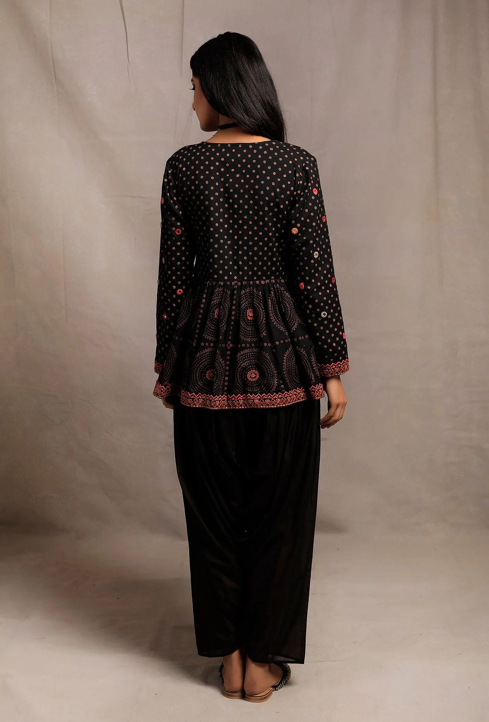 Black Hand Block Printed Angrakha Embellished Kedia Kurti