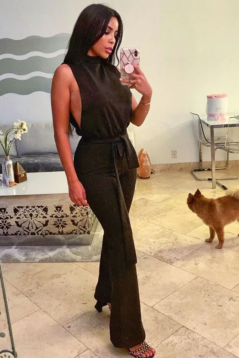 Black High Neck Belted Wide Leg Jumpsuit - Phoebie