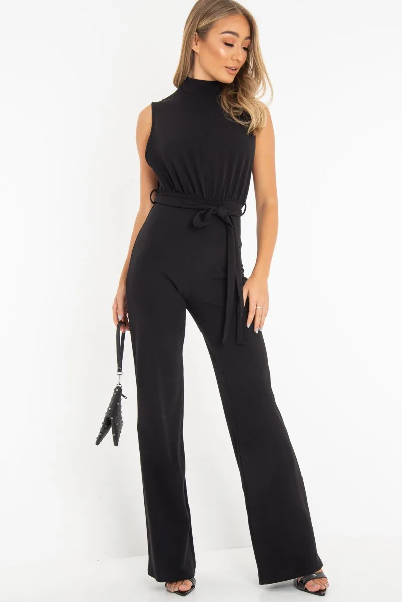 Black High Neck Belted Wide Leg Jumpsuit - Phoebie