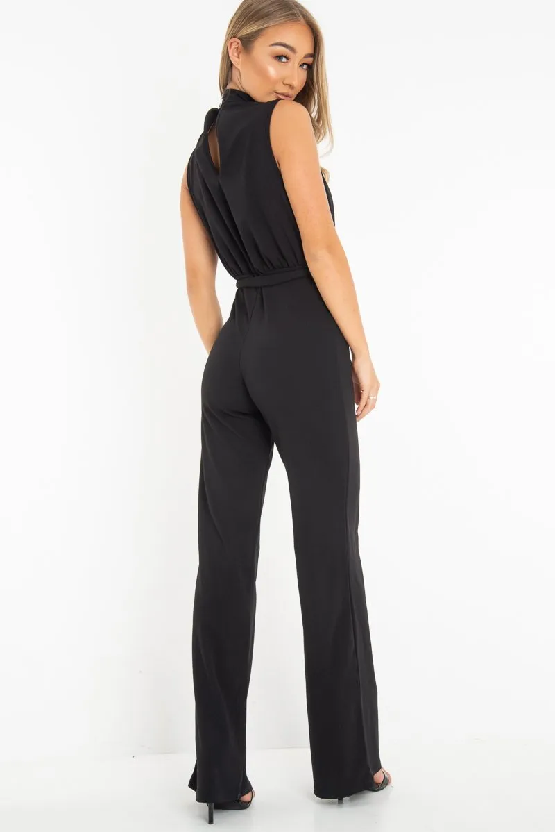 Black High Neck Belted Wide Leg Jumpsuit - Phoebie