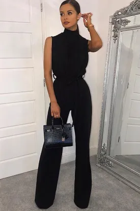 Black High Neck Belted Wide Leg Jumpsuit - Phoebie