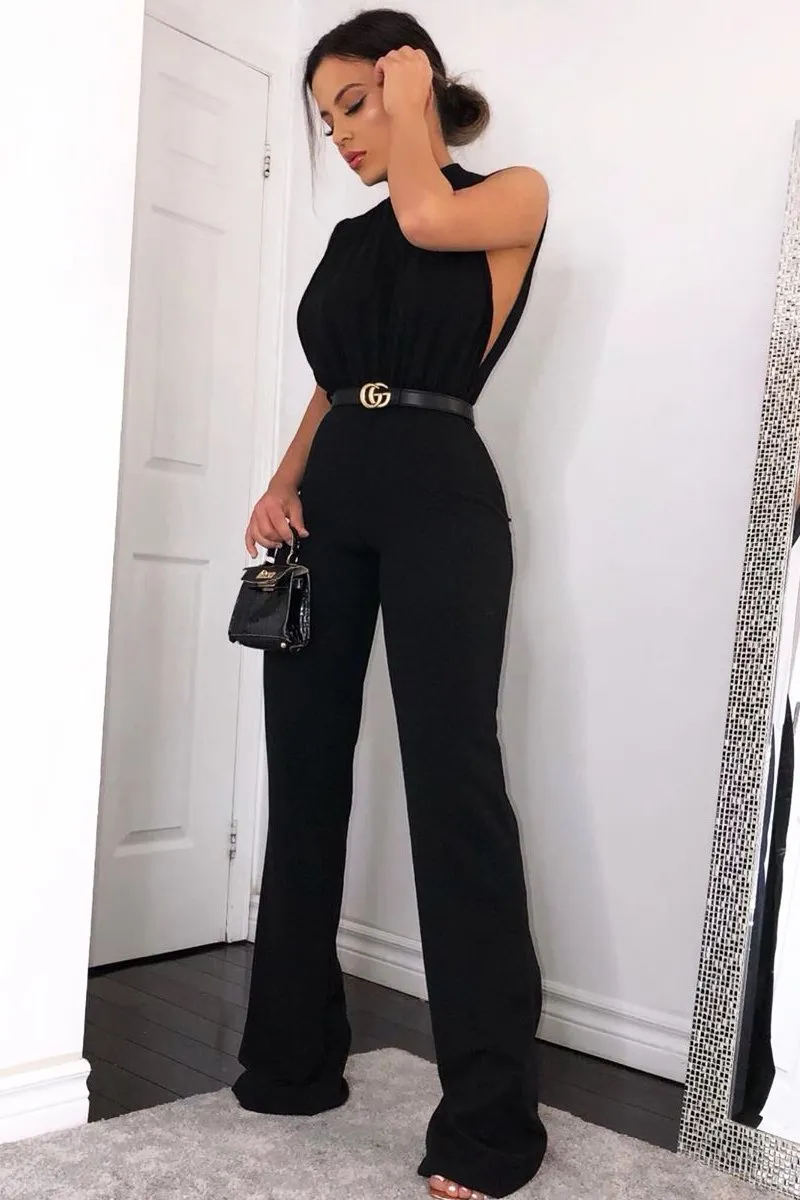 Black High Neck Belted Wide Leg Jumpsuit - Phoebie