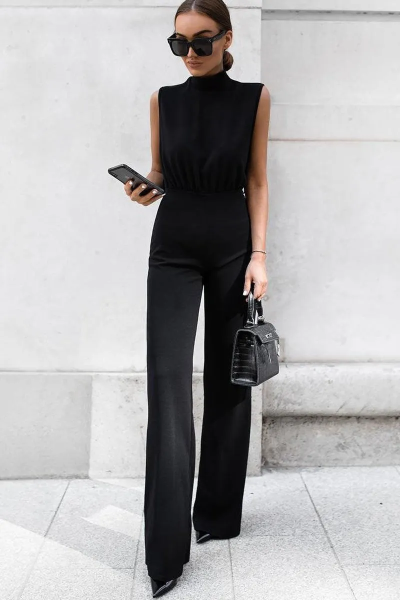 Black High Neck Belted Wide Leg Jumpsuit - Phoebie