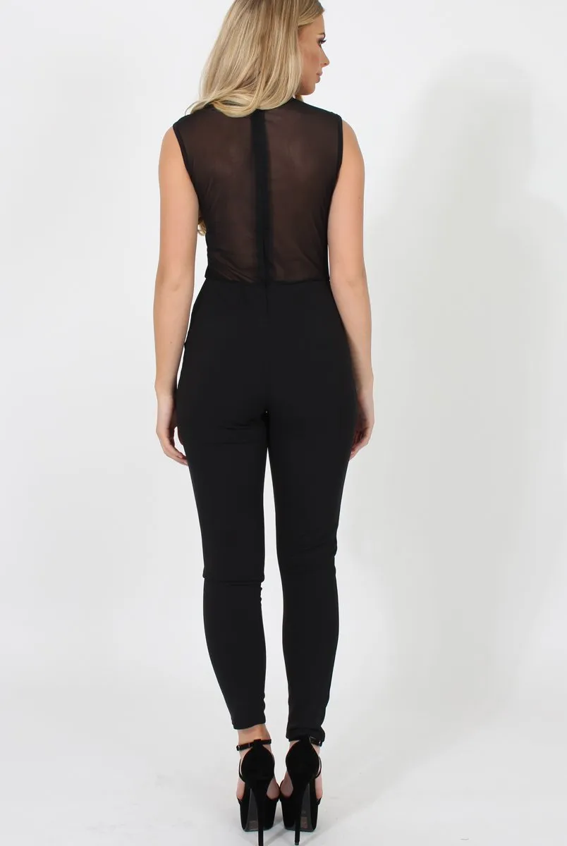 Black Mesh Flocked Jumpsuit - Keira