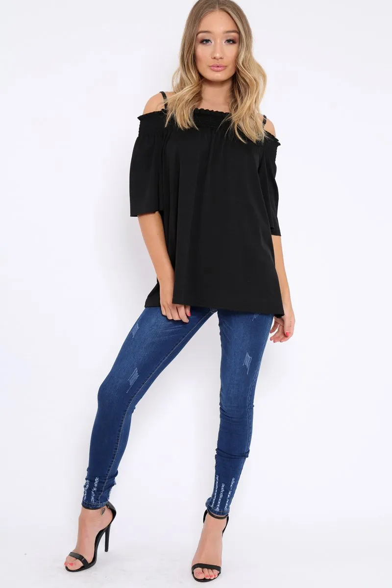 Black Shirred Loose Top - Carey