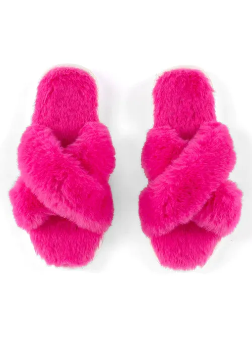 Christina Fuzzy Criss-Cross Slippers - Magenta