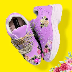 FUNKY N TRENDY purple embroidery sneakers for brides /purple embroidered sneakers/ handcrafted sneakers/ floral sneakers / bridal sneakers / bridesmaid sneakers/ lilac hand work sneakers/lavender sneakers