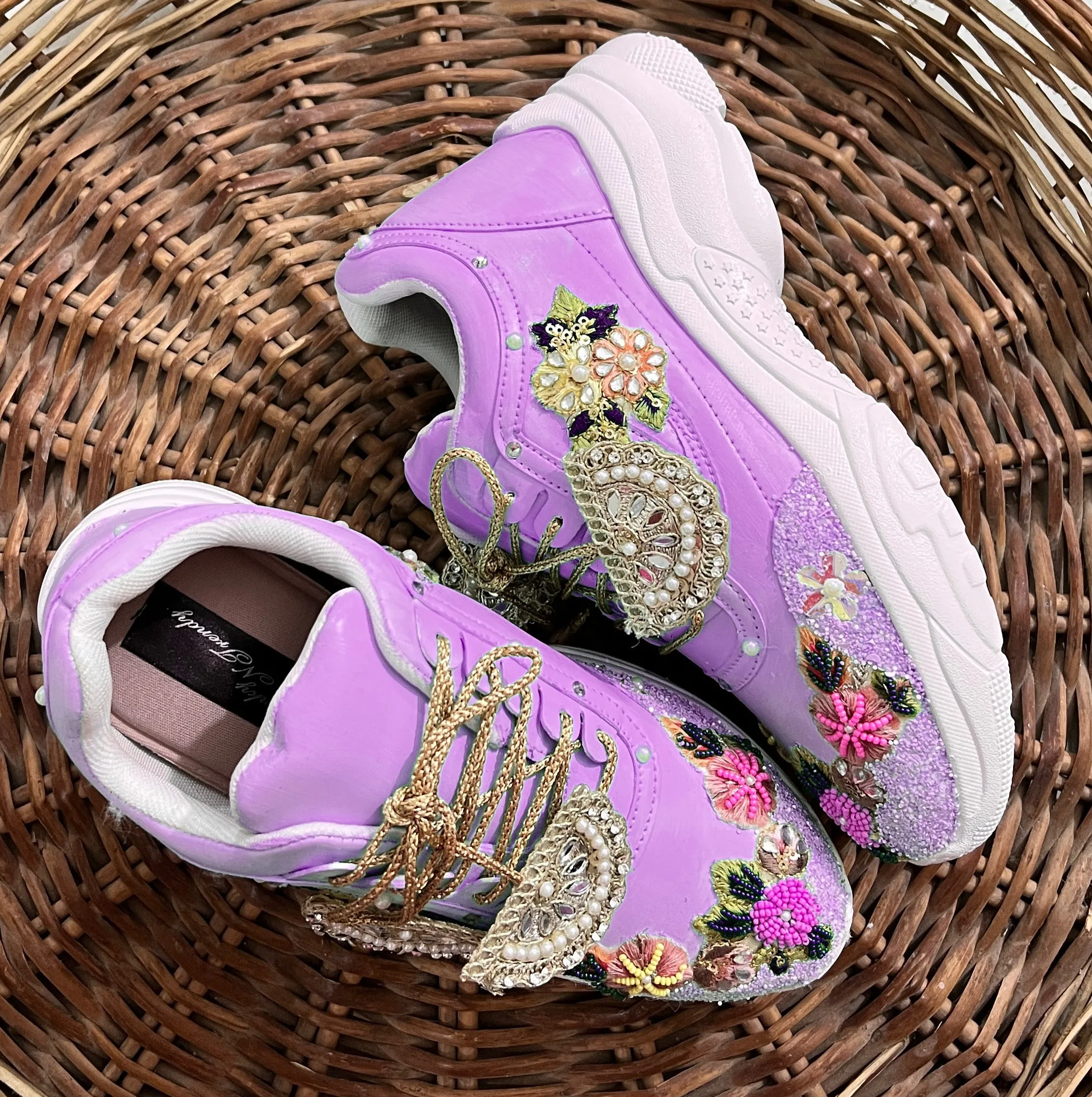 FUNKY N TRENDY purple embroidery sneakers for brides /purple embroidered sneakers/ handcrafted sneakers/ floral sneakers / bridal sneakers / bridesmaid sneakers/ lilac hand work sneakers/lavender sneakers