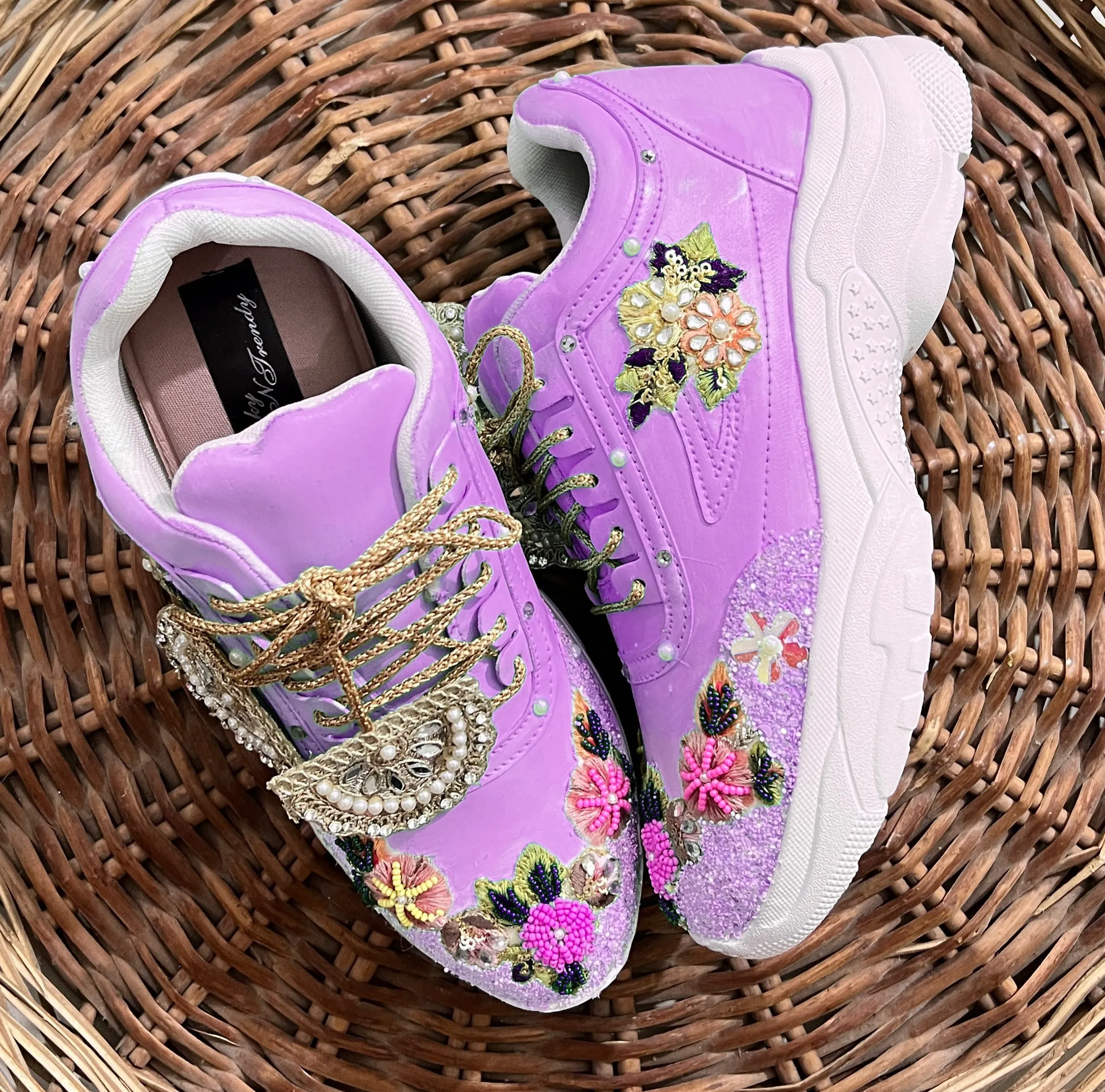 FUNKY N TRENDY purple embroidery sneakers for brides /purple embroidered sneakers/ handcrafted sneakers/ floral sneakers / bridal sneakers / bridesmaid sneakers/ lilac hand work sneakers/lavender sneakers