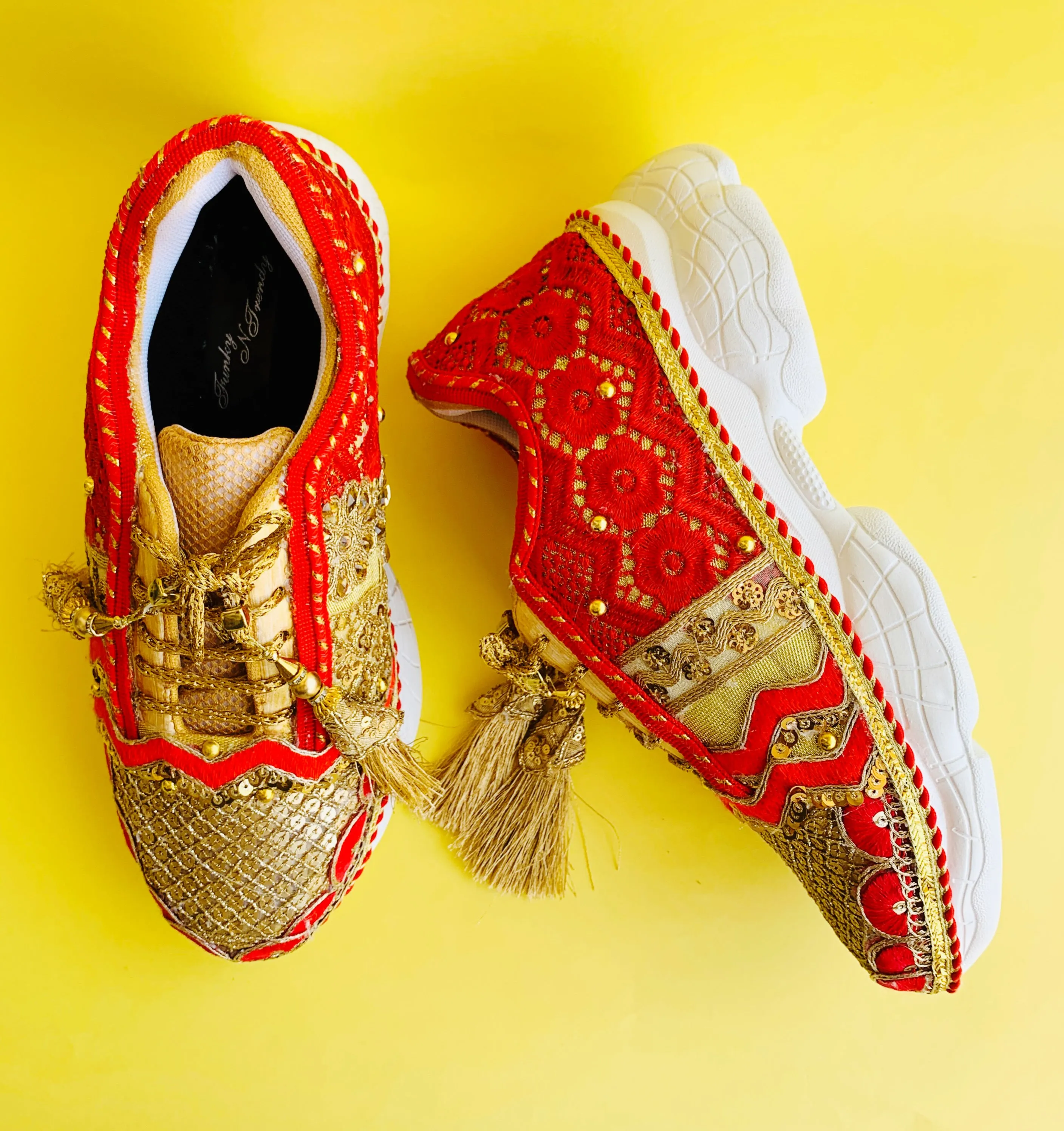 Funky N Trendy Red & Gold embroidery work bridal sneakers/ bridesmaid sneaker / golden sneakers/ Red sneakers / Red shoes