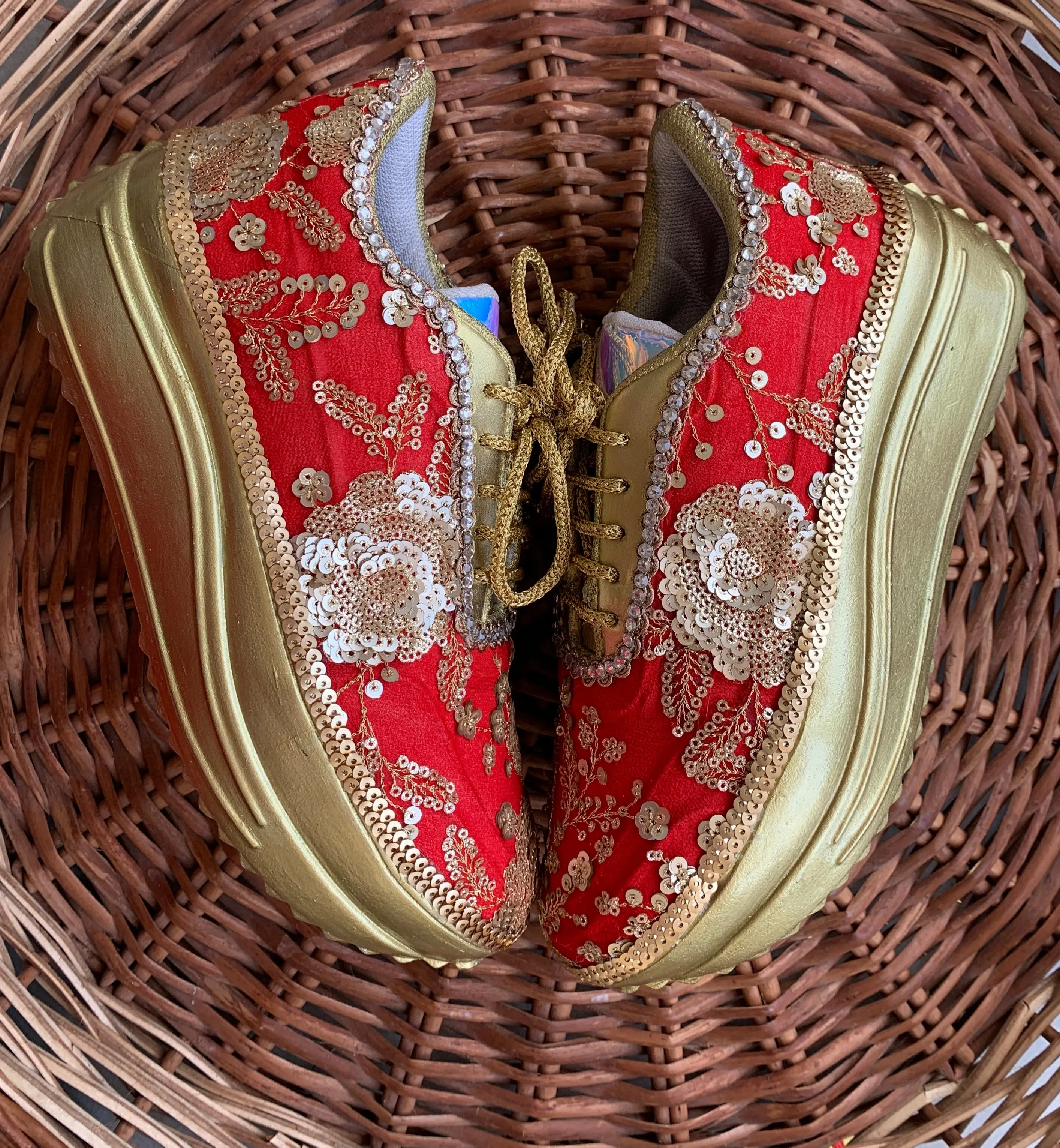 FUNKY N TRENDY red sneakers for brides /red embroidered sneakers/ handcrafted sneakers/ golden sneakers / bridal sneakers / bridesmaid sneakers/ golden and red hand work sneakers