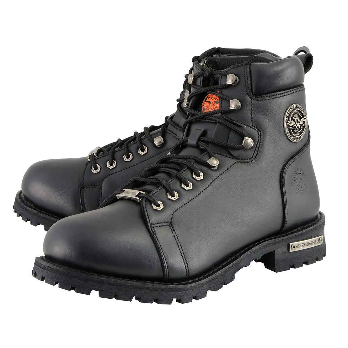 Milwaukee Leather MBM100W Men's Black Leather Wide-Width Lace-Up Motorcycle Boots with Side Zipper