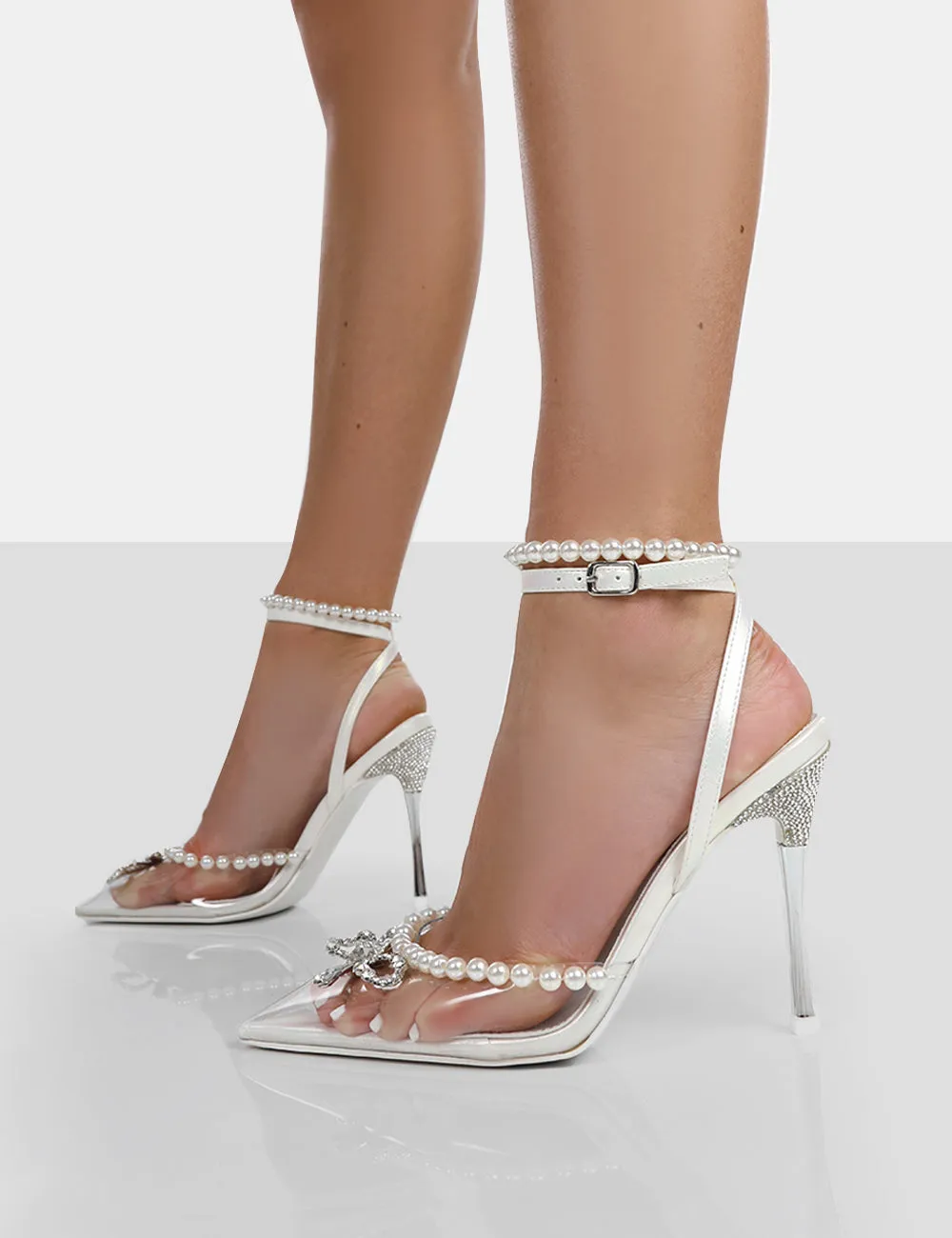 Pearly Pearlescent White Wrap Around Party Pointed Toe Stiletto Court Heels