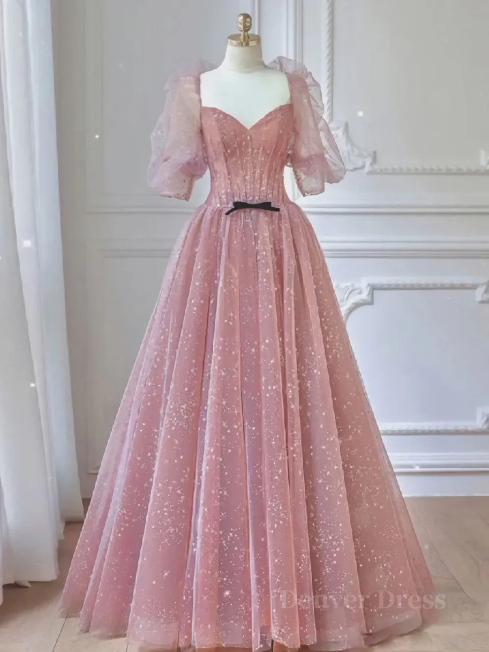 Pink A-line tulle lace long prom dress pink lace formal dress