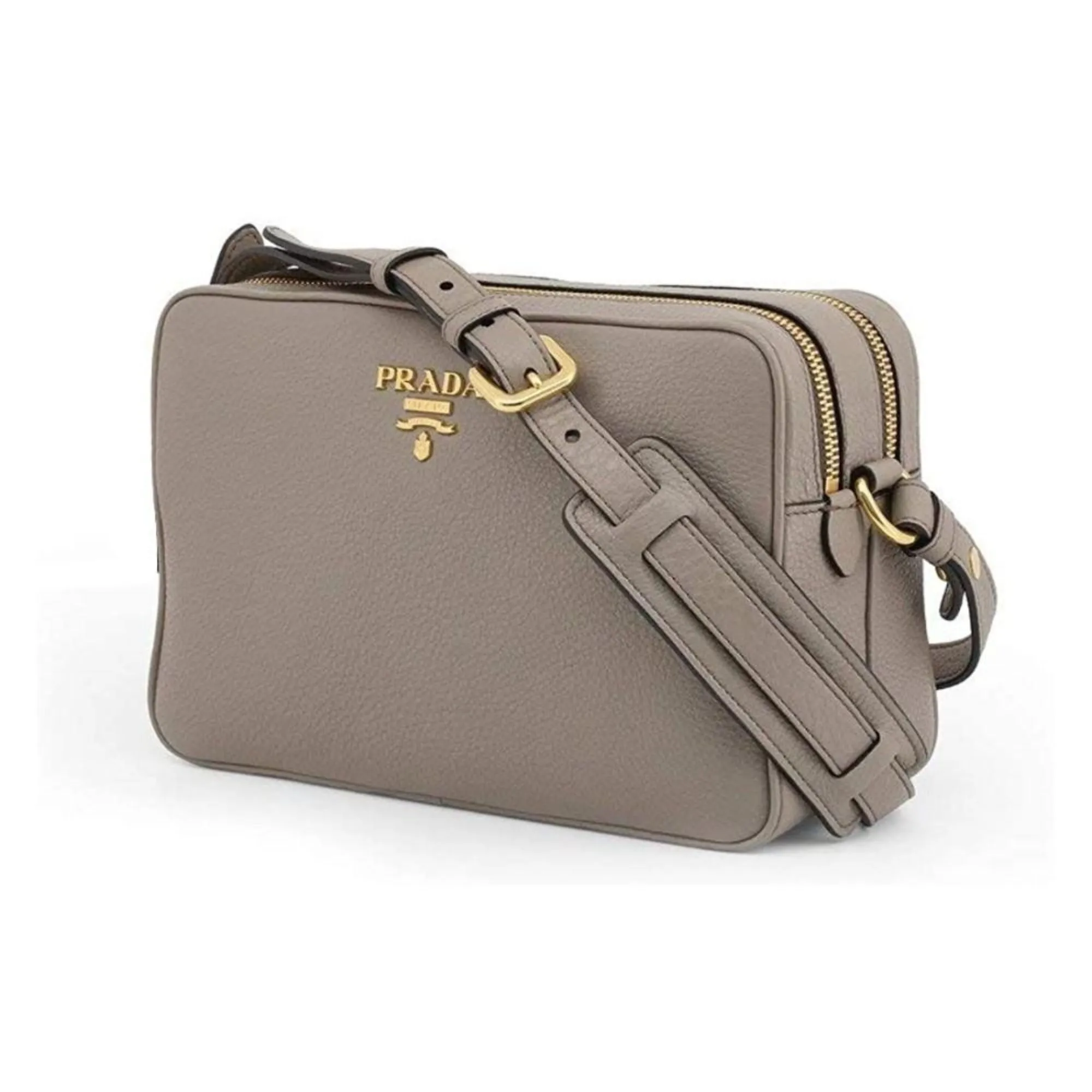 Prada Argilla Grey Vitello Phenix Leather Double Zip Cross Body Bag