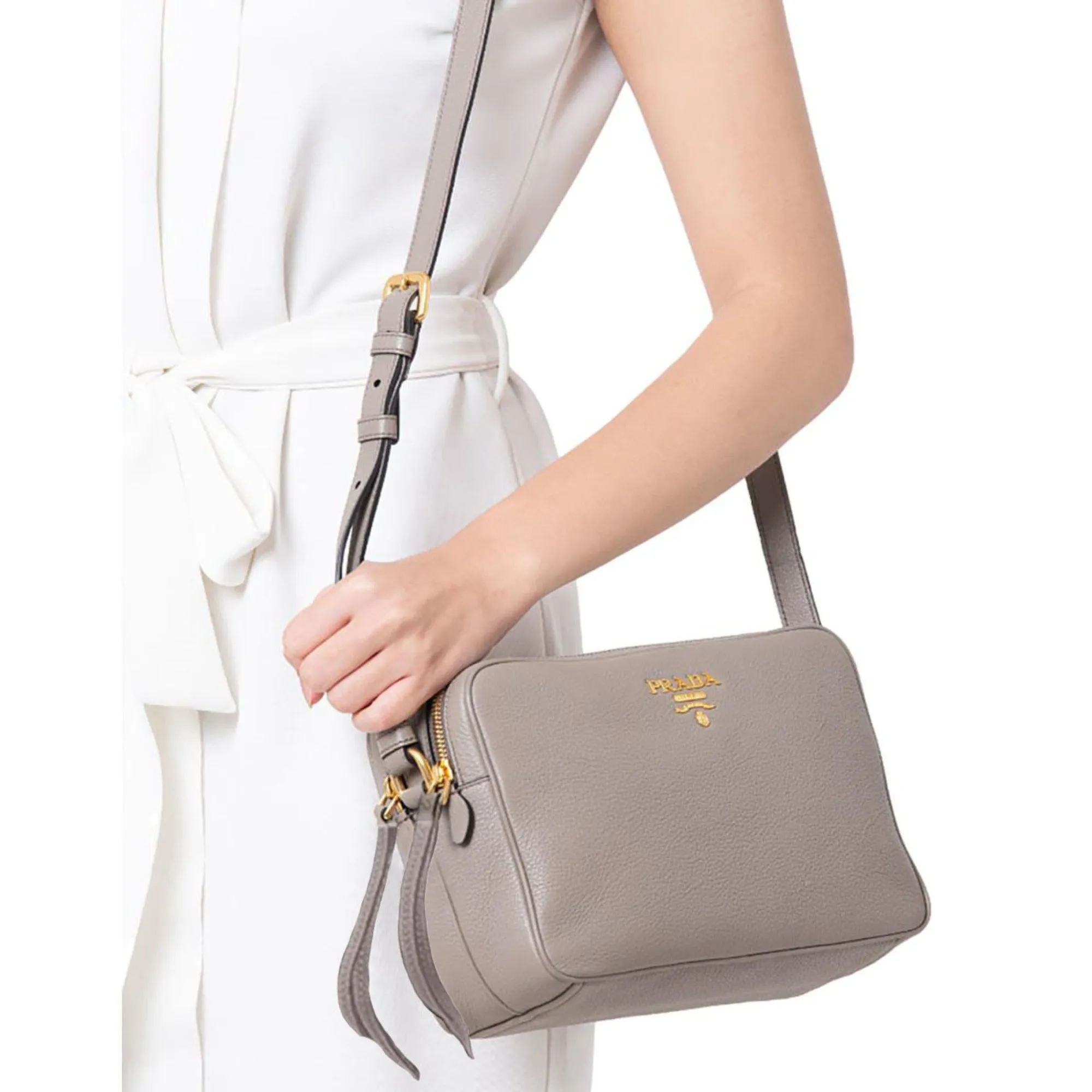 Prada Argilla Grey Vitello Phenix Leather Double Zip Cross Body Bag