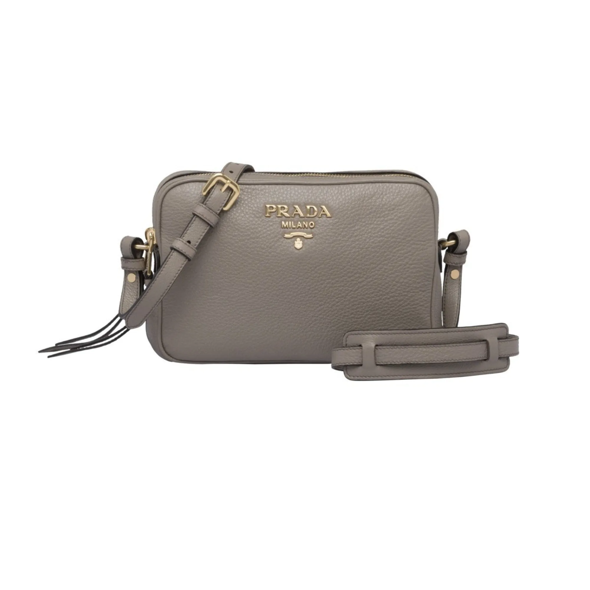 Prada Argilla Grey Vitello Phenix Leather Double Zip Cross Body Bag