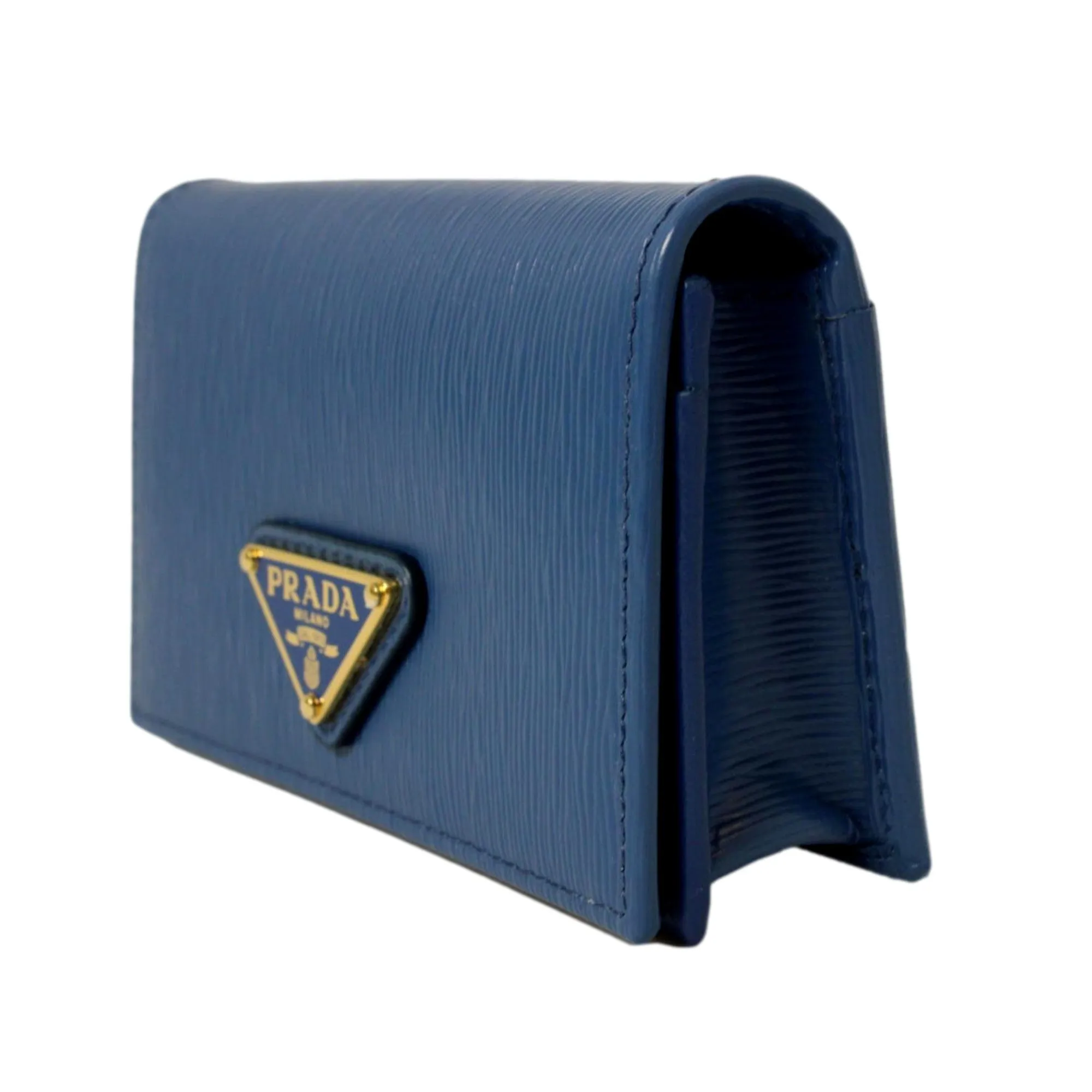 Prada Blue Vitello Move Leather Triangle Logo Card Case Wallet