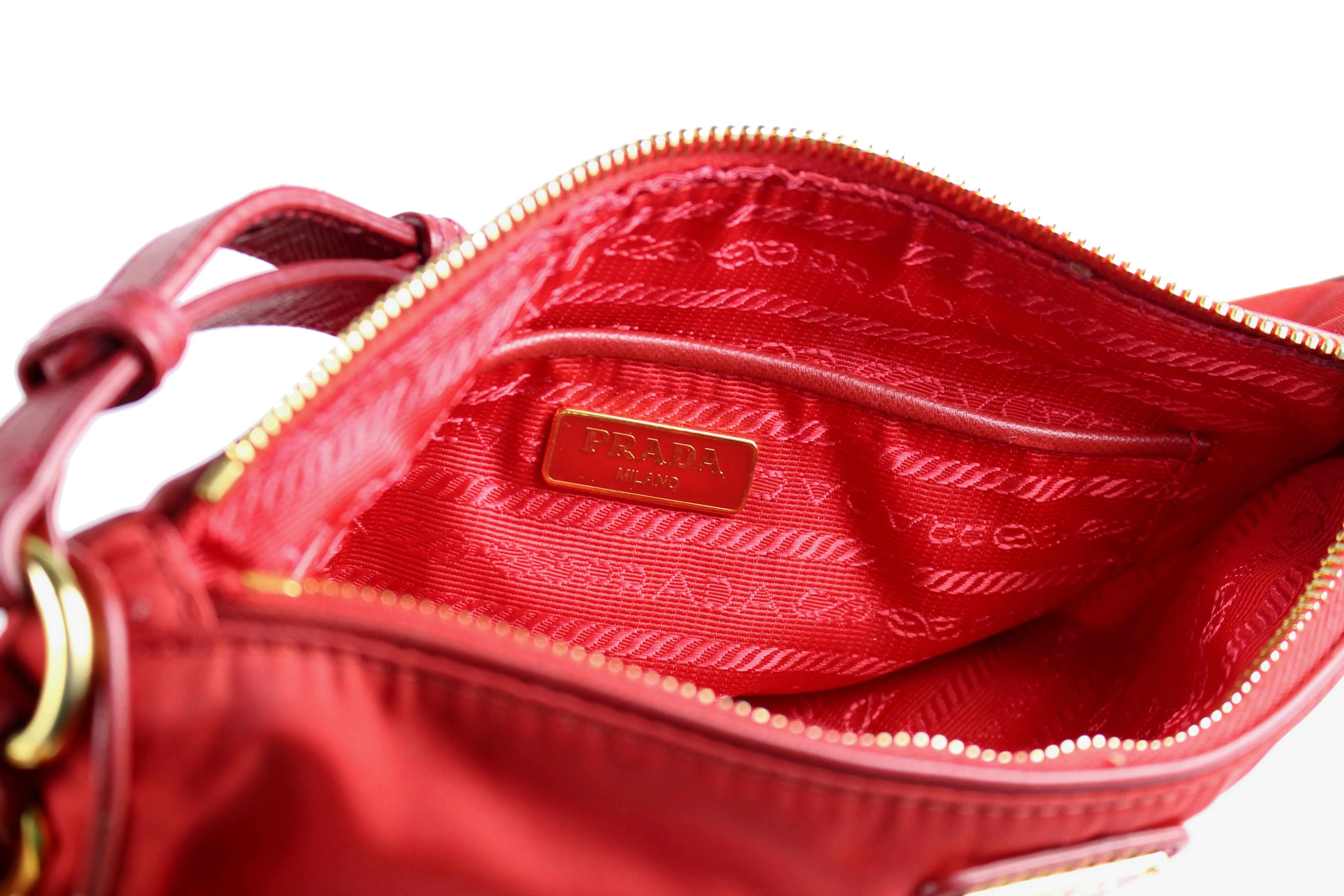 PRADA red nylon pochette with leather strap