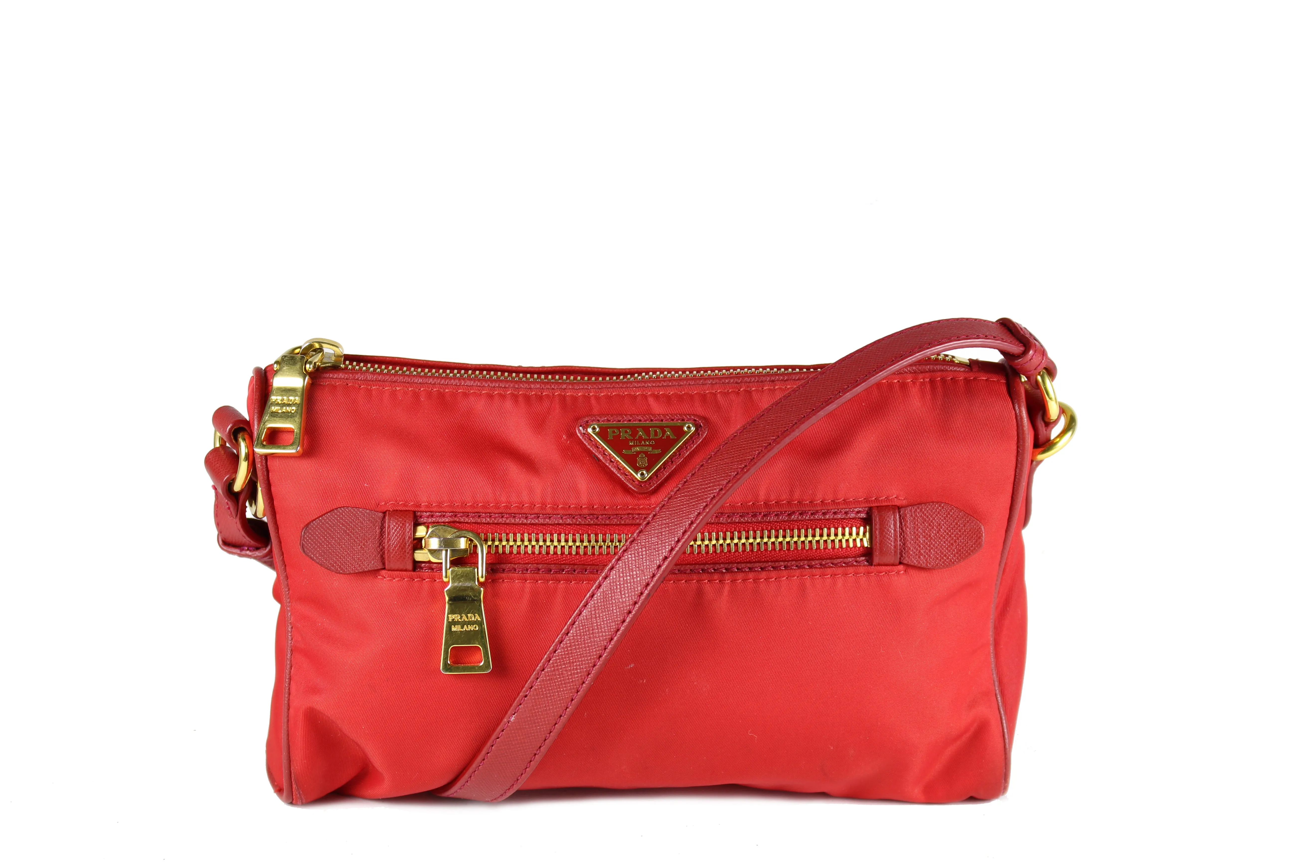 PRADA red nylon pochette with leather strap