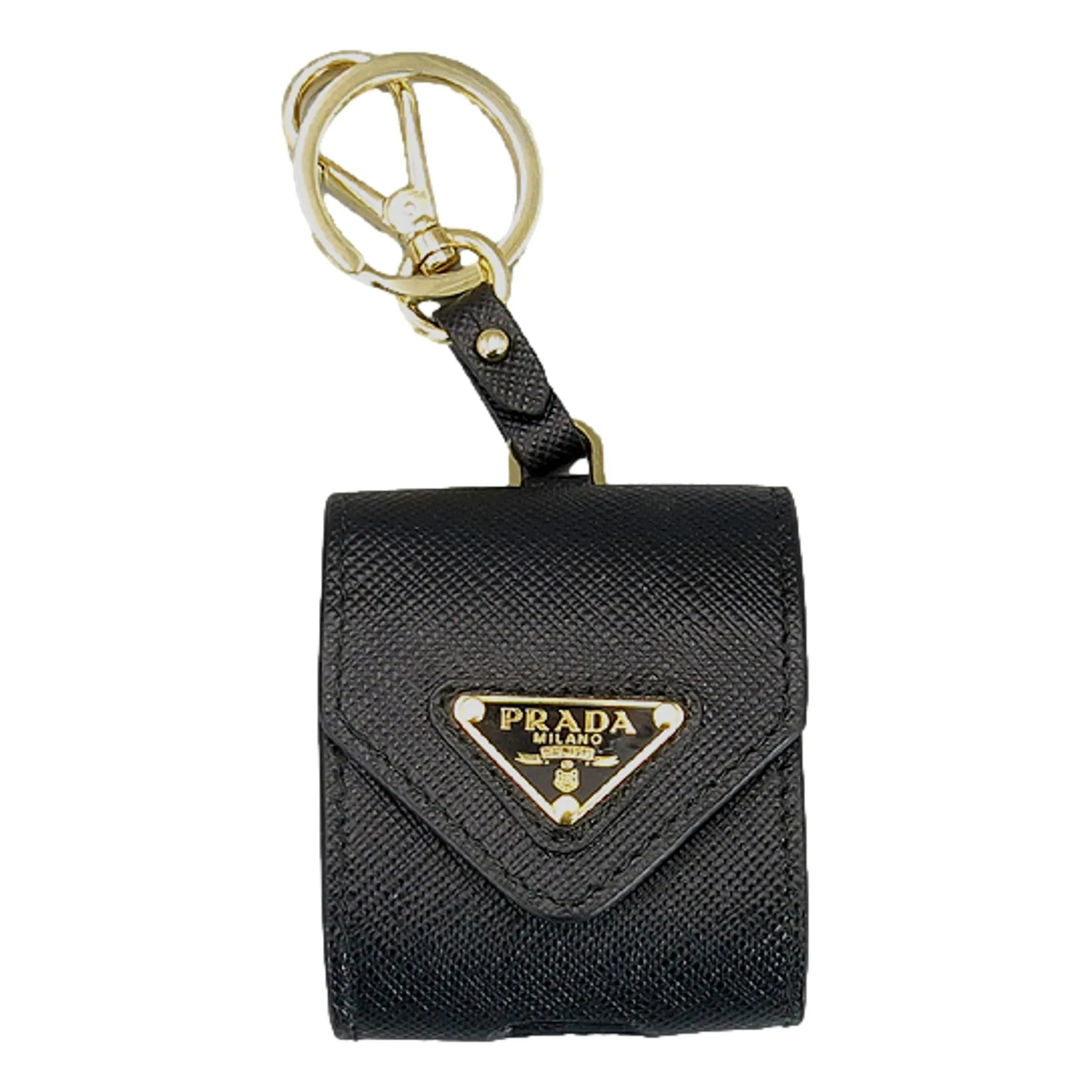 Prada Triangle Saffiano Black Leather Airpod Case with Key Ring