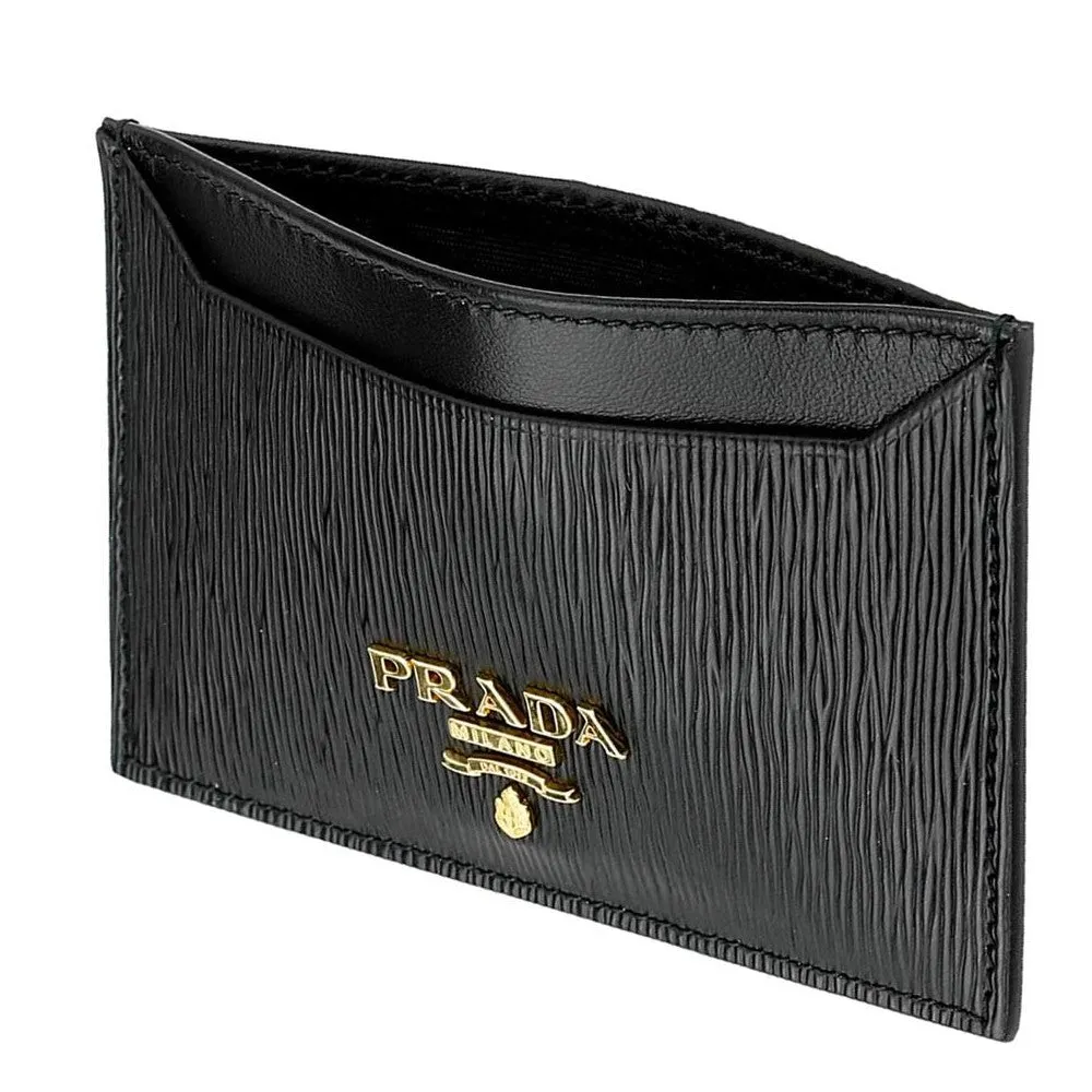 Prada Vitello Move Black Gold Leather Small Card Holder Case Wallet