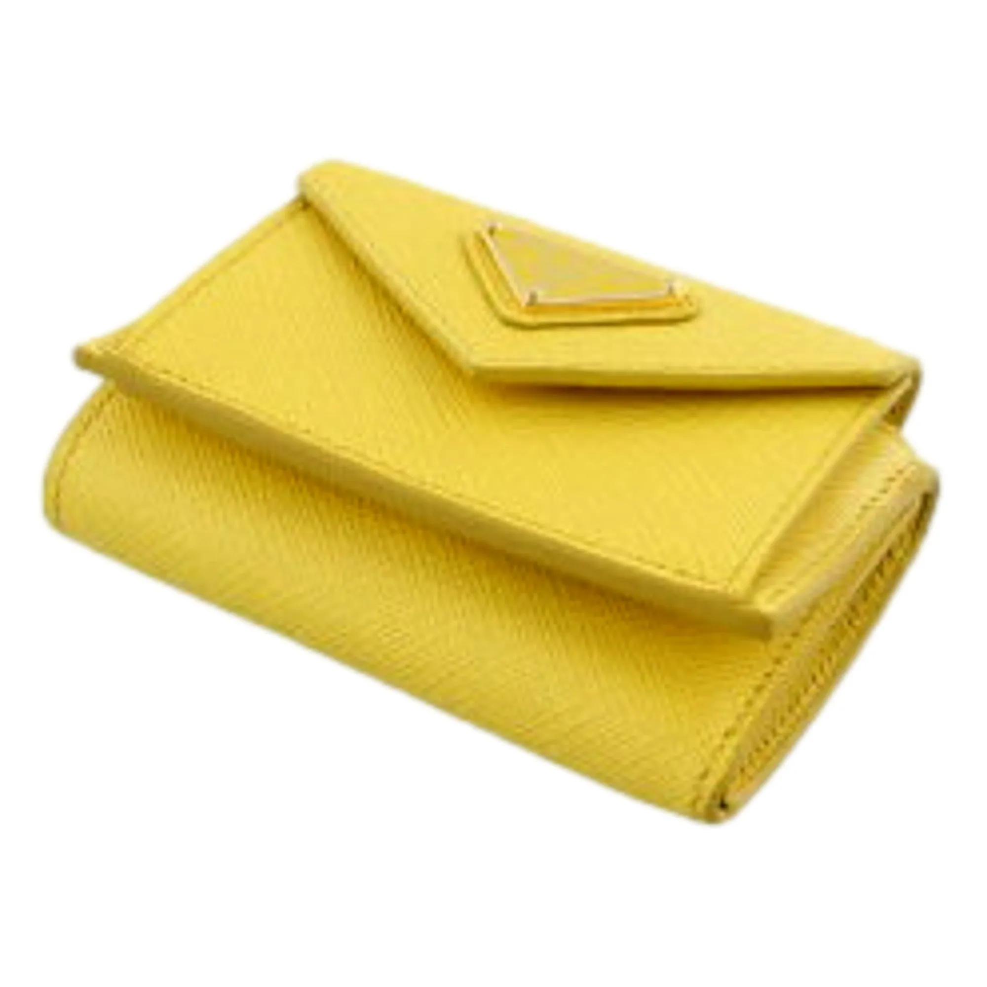 Prada Womens Tri-Fold Saffiano Leather Wallet Sole Yellow Triangle Logo