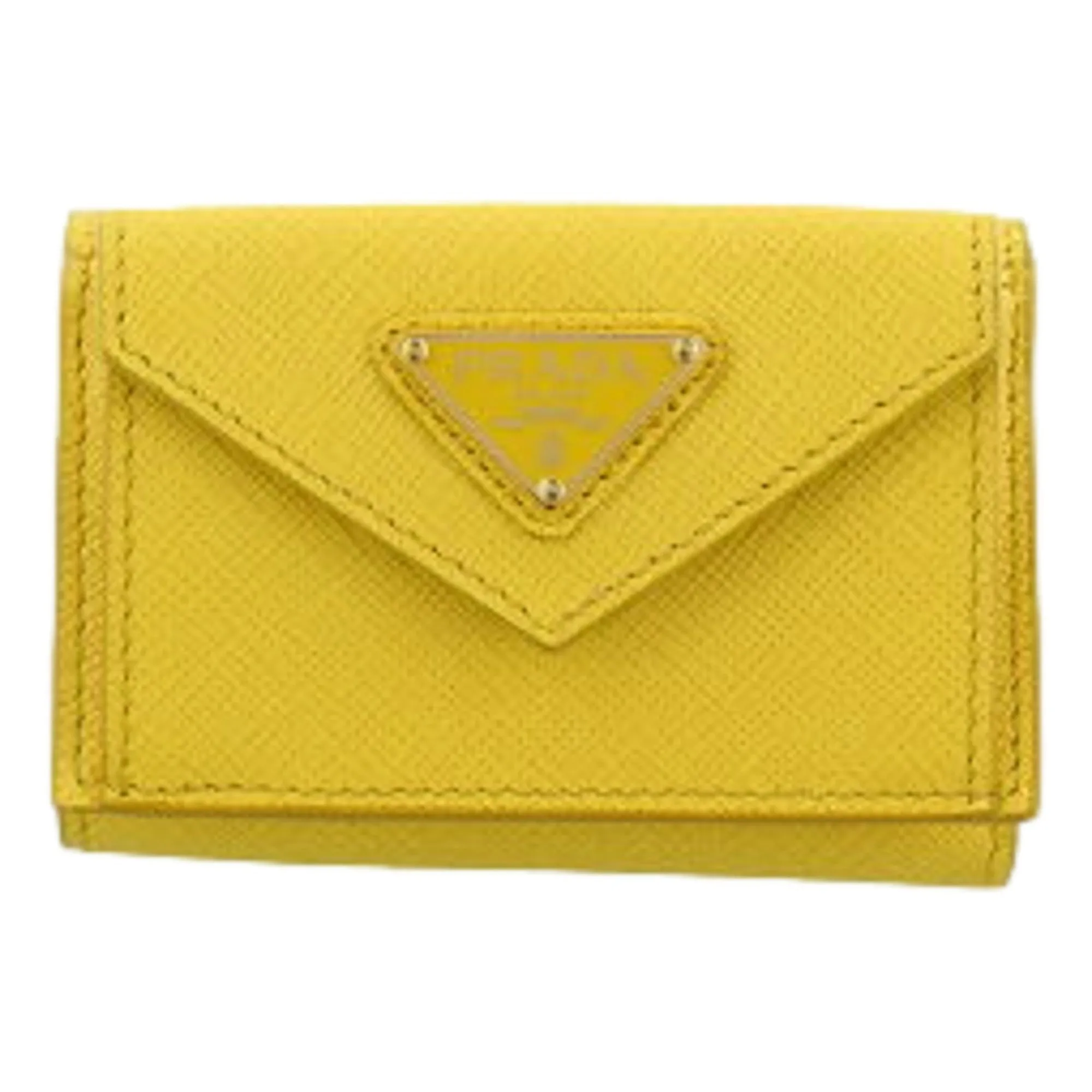 Prada Womens Tri-Fold Saffiano Leather Wallet Sole Yellow Triangle Logo