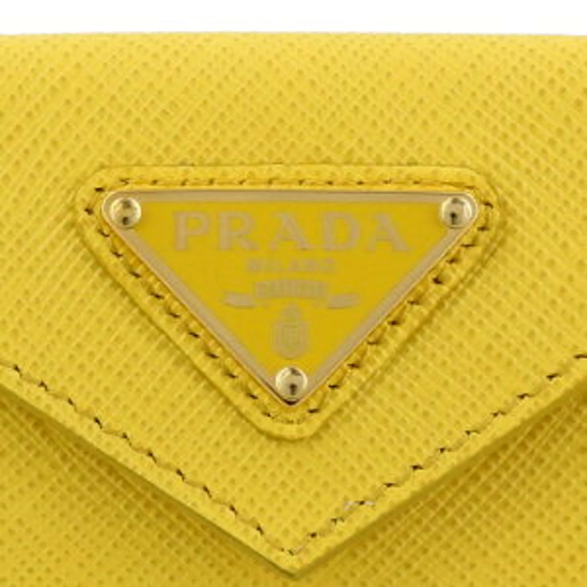 Prada Womens Tri-Fold Saffiano Leather Wallet Sole Yellow Triangle Logo