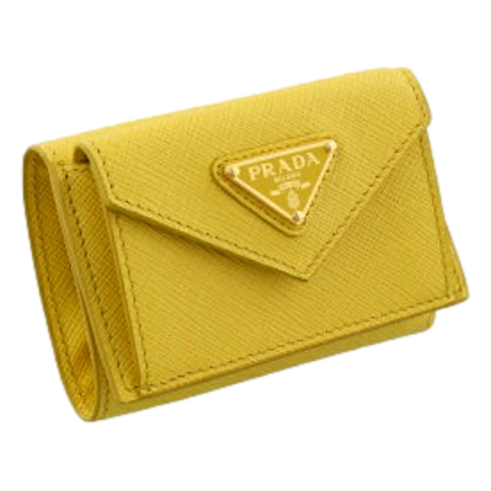 Prada Womens Tri-Fold Saffiano Leather Wallet Sole Yellow Triangle Logo