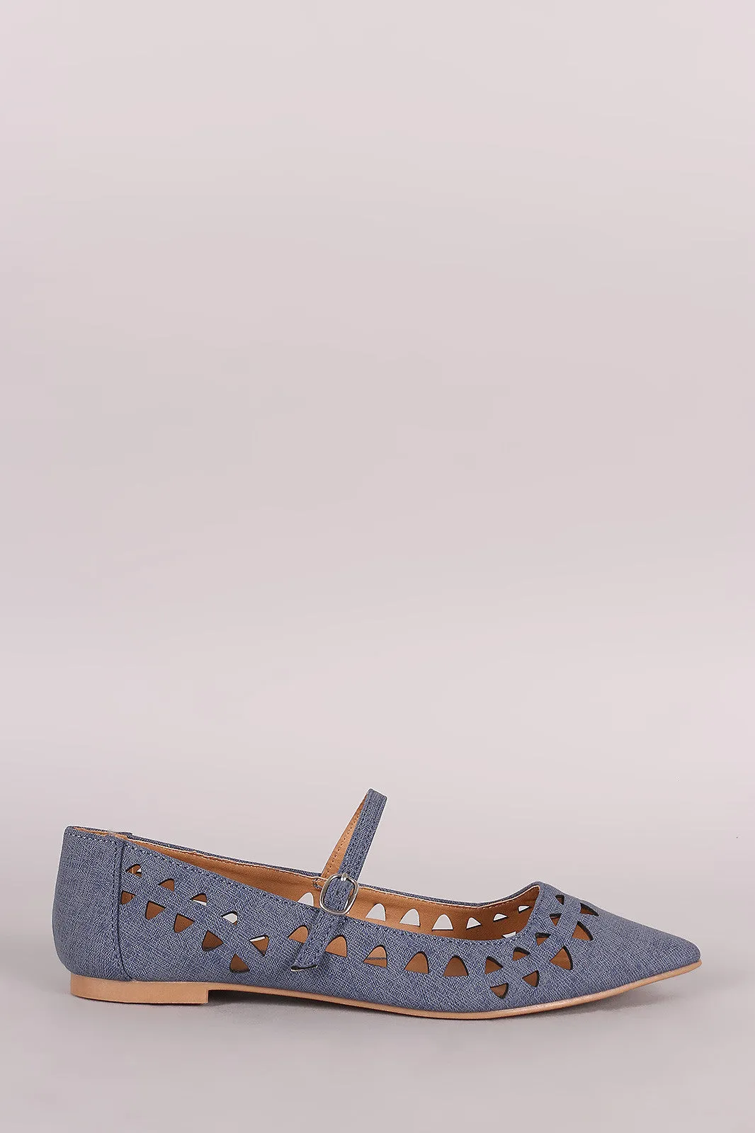 Qupid Laser Cutout Denim Pointy Toe Mary Jane Flat