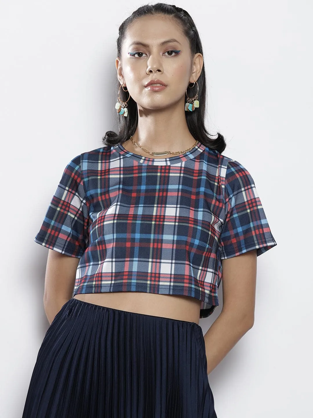 Women Blue Check Knit Crop Top