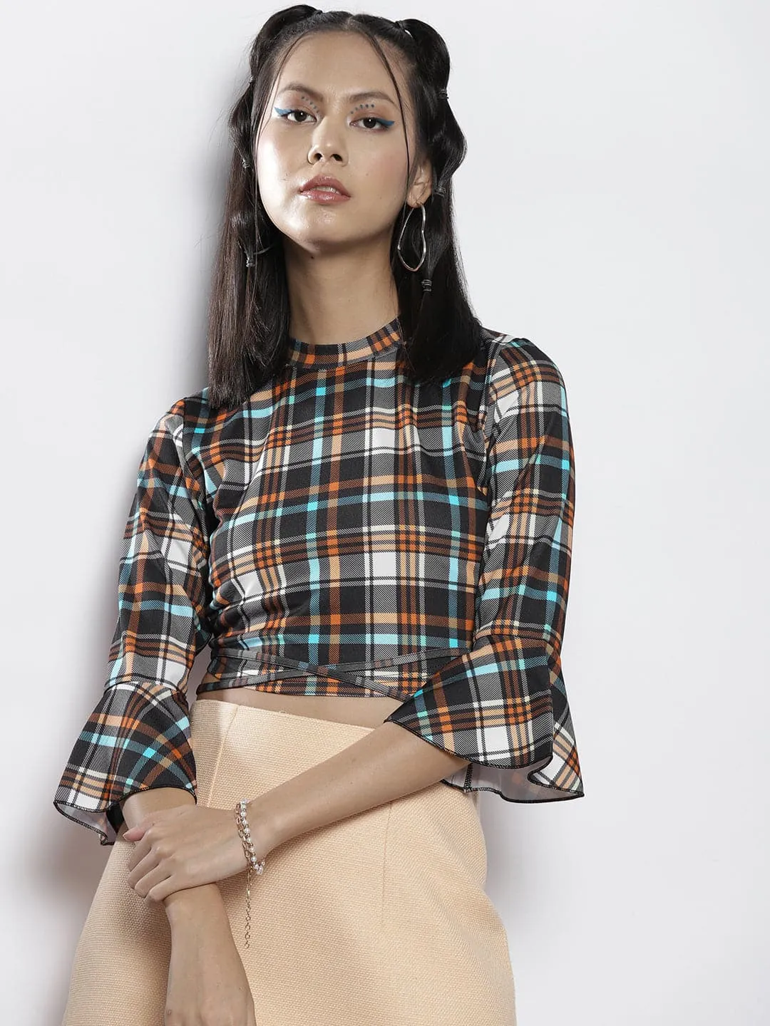 Women Yellow Check Knit High Neck Tie-Waist Crop Top