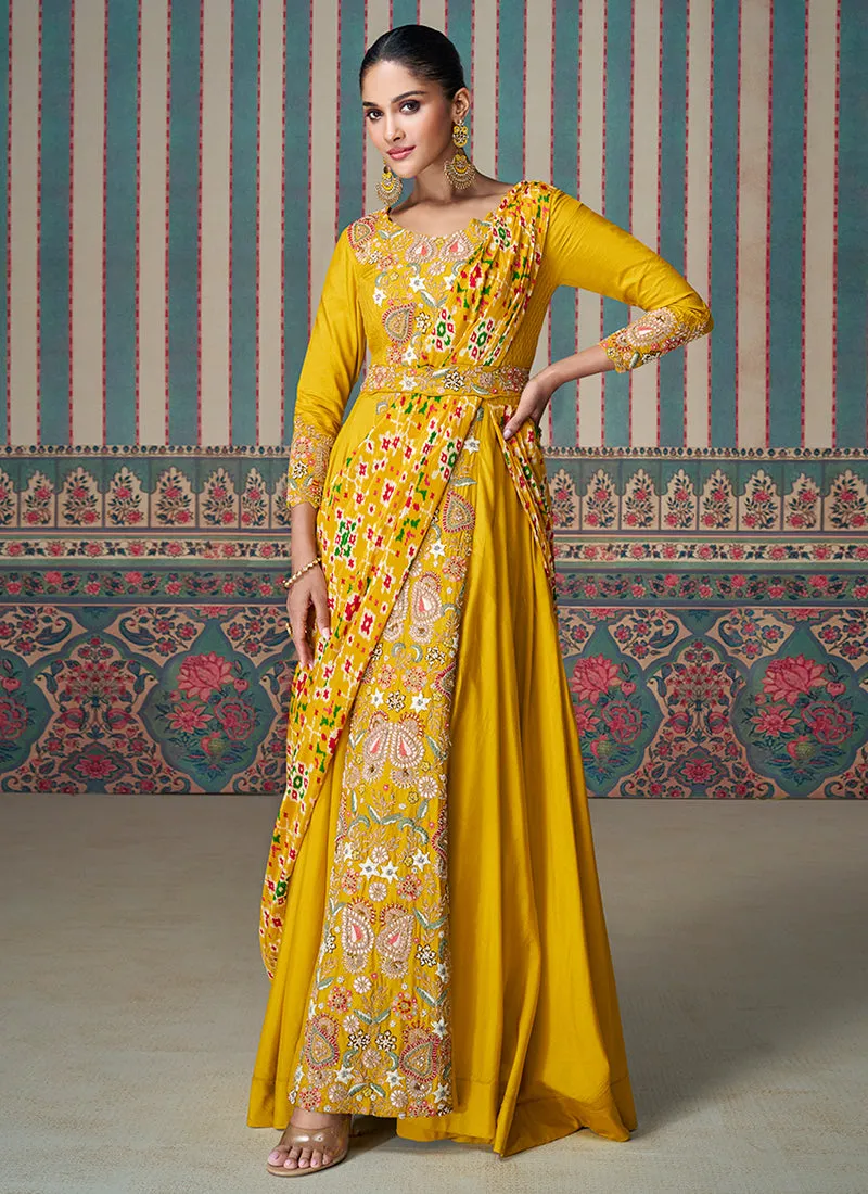 Yellow Multicolored Traditional Embroidery Saree Style Gown