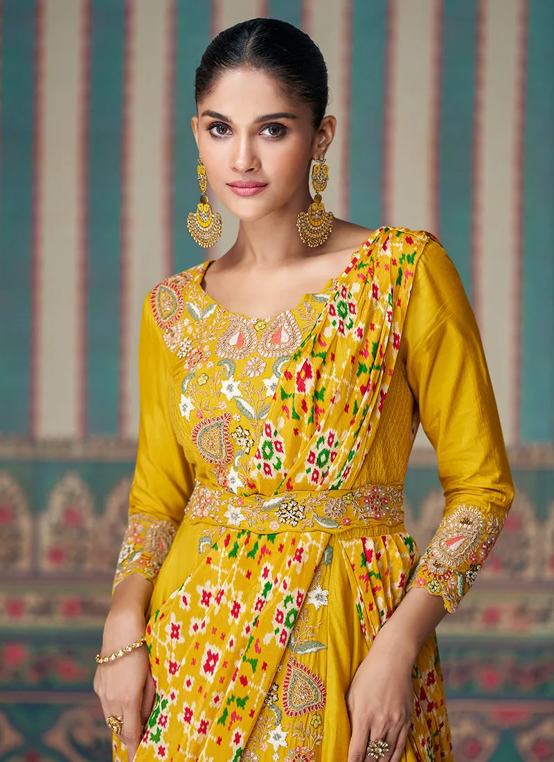 Yellow Multicolored Traditional Embroidery Saree Style Gown